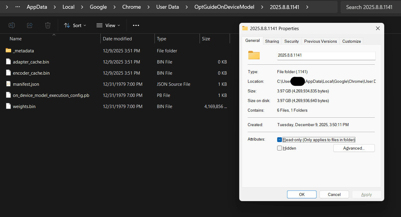 Windows File Explorer showing the Chrome OptGuideOnDeviceModel directory containing a 3.97 GB weights.bin file, with properties dialog confirming the file was created on December 9, 2025