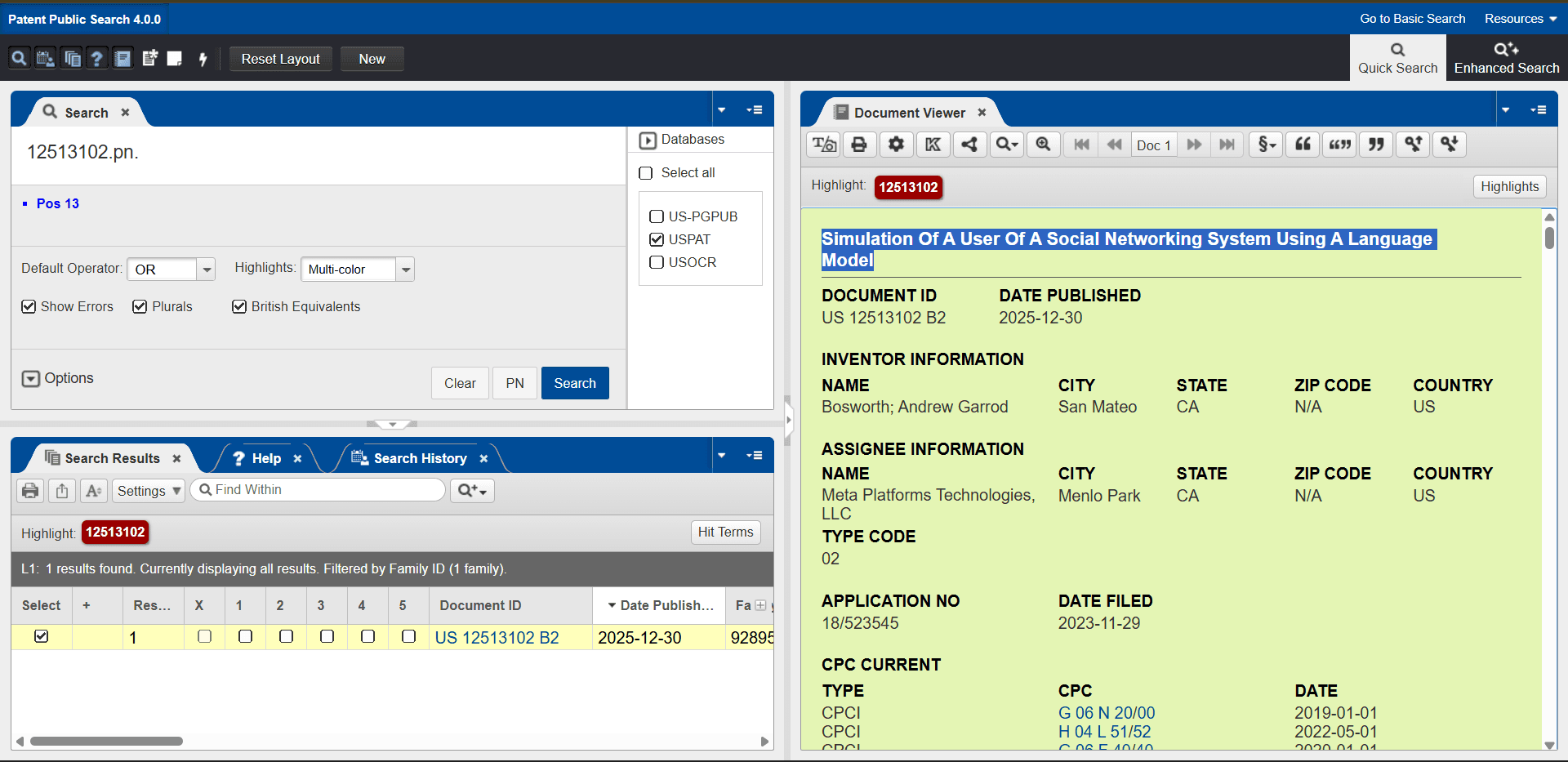 USPTO patent search interface showing US 12513102 B2 titled 'Simulation Of A User Of A Social Networking System Using A Language Model', assigned to Meta Platforms Technologies LLC, published December 30, 2025