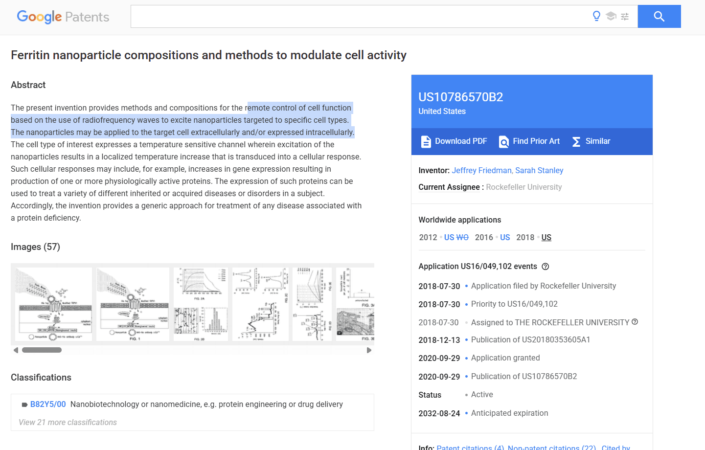 Google Patents page for US 10786570 B2, Ferritin nanoparticle compositions and methods to modulate cell activity, assigned to Rockefeller University, showing patent timeline from 2018 filing to 2020 grant