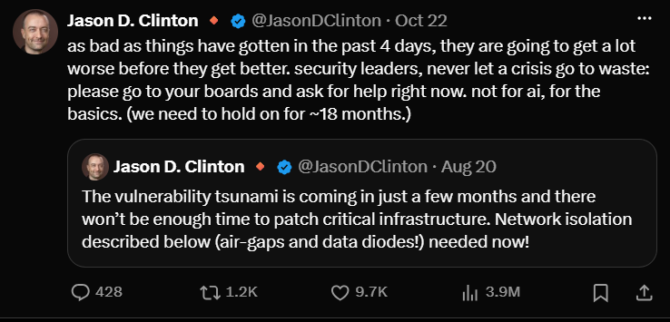 Jason D. Clinton’s October 22 X post urges security leaders to seek board help for basic defenses, quoting his earlier warning about patching time and critical infrastructure.