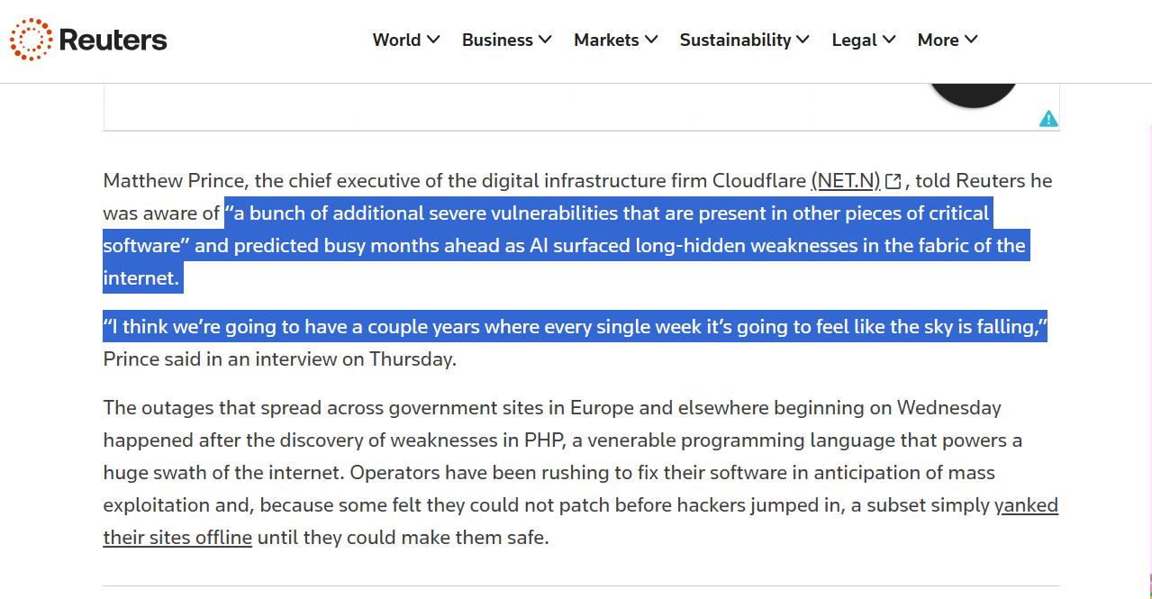 Reuters excerpt: Matthew Prince warns of further severe software vulnerabilities; some government websites were taken offline while operators addressed PHP flaws.
